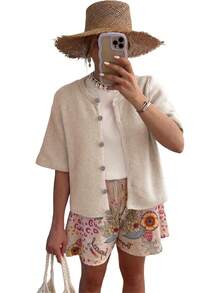 SCUSTY Women's Lightweight Cardigan Short Sleeve Button-Down Summer Cardigan Sweater Fall - Brown - View 8