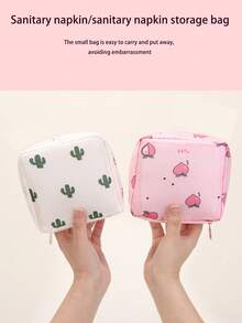 2/1 pieza Bolsa de almacenamiento de toallas sanitarias con pañuelo, bolsa portátil de maquillaje y lápiz labial para mujeres, bolsa de almacenamiento de gran capacidad con diseño de higiene femenina de dibujos animados, bolsa discreta para guardar toallas sanitarias, protectores diarios y tampones, excelente opción para salidas de chicas.