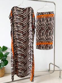 1pc Faux Silk Printed Robe, Shawl & Small Scarf Set, Women Coverup For Beach, Sun Protection, Daily Wear