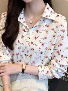 Plus Size Women Floral Print Loose Turndown Collar Button Down Long Sleeve Shirt, Elegant Casual Suitable For Office And Daily Wear, Spring/Autumn - White - View 6