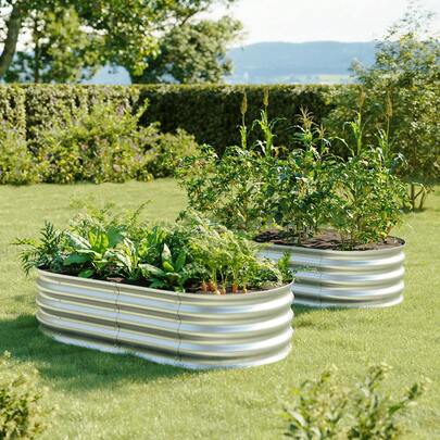 2PC Oval Metal Raised Garden Bed 4*2*1FT, Suitable For Flower And Vegetable Planting, Durable & Rust-Resistant Silver