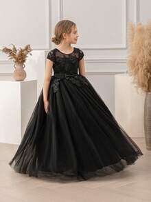 优雅少女派对圣诞酒红色连衣裙，饰有刺绣蝴蝶结和薄纱，公主裙，适合女孩生日派对、宴会、晚宴、花童、伴娘、婚礼、感恩节、毕业典礼等场合。 - 黑色 - 查看 8