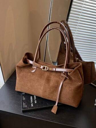 High-Quality, Simple And Fashionable Women's Large-Capacity Shoulder Tote Bag, With A Unique Shoulder Strap As Decoration, Imitation Suede Fabric Stitching Fashion Women's Bag, Fashionable Niche Design Commuter Handbag, Very Suitable For Shopping, Vacation And Travel And Other Occasions, Bags For Ladies Fashionable, New Fall Fashion 2025 For Women