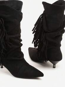 Duck Heel Ankle Boots With Ruching And Fringe - Black - View 6