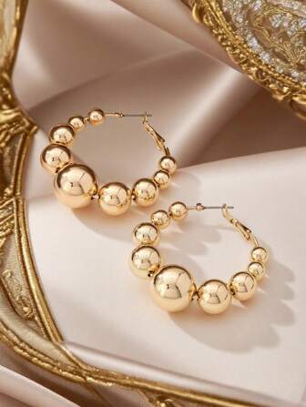 1pair Fashion Boho Style Lightweight Golden Tapered Beaded Acrylic Balls Design Hoop Earrings Suitable For Daily Wear, Party, And Beach Outings As Gifts