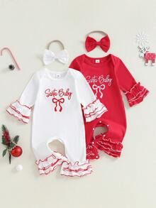 Baby Girl Christmas Outfit Bow Letter Print Ruffle Long Sleeve Romper Bow Headband 2 Piece Set - trắng - Xem 7