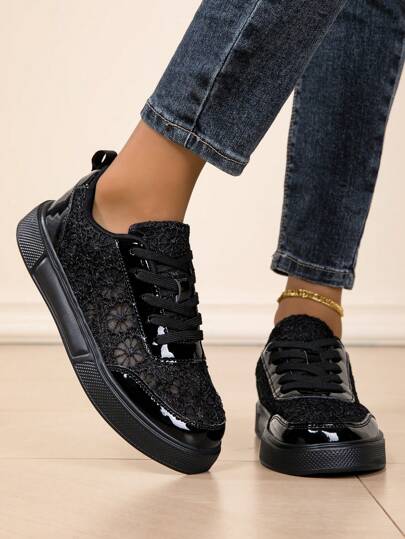 Women's Black Floral Lace Mesh Elegant Casual Lightweight Comfortable Slip-On Sneakers, Suitable For Commuting And Walking