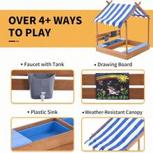 Wooden SandBoxes With Roof, Outdoor Sand Box Play W/Canopy For Backyard Garden Beach, Sand Pit For Beach Patio Outdoor, [Adjustable Cover & Funnel & Drawing Board] - 深木色 - 查看 4