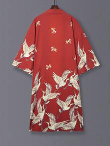 Áo choàng Kimono thời trang nhẹ in hình con sếu, Xuân/Hè, hở phía trước, dài vừa phải, Unisex, Boho, Áo choàng đi biển, Phong cách cổ điển - Đỏ - Xem 3