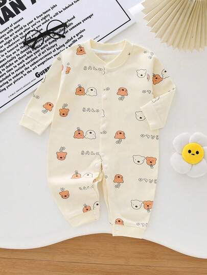 男婴动物熊印花前扣连体衣，婴儿春秋连体衣，婴儿学步服