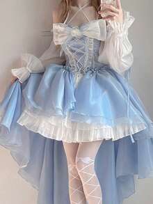 Blue Lolita Dress Design, Short In Front And Long In Back, Bride, Heavy Industry, Big Ribbon, Princess With Tail - Màu xanh (có tay áo và hoa) - Xem 7