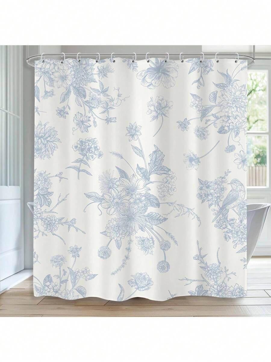 Floral Shower Curtain With Hooks, 66x72 Inch, Boho Vintage Flowers Bathroom Curtains, Decorative Bird Farmhouse Shower Curtain Set,Chinoiserie Aesthetic Bathroom Decor