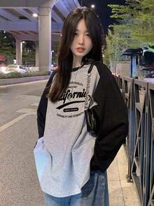 女士纯棉字母印花撞色插肩袖百搭叠穿长袖宽松休闲街头通勤T恤