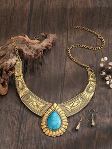 طقم قلادة معدنية أوروبية وأمريكية مبالغ فيها بتصميم الأزهار الزرقاء الفيروزية الشكل الدمعي الفينتاج