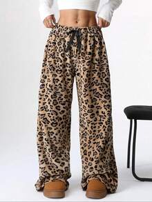 Pantalones anchos de pierna larga con estampado de leopardo, lazo en la cintura y esponjoso, para mujer. Pantalones de otoño/invierno para mujer