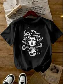 CAMISETA DE DAMA CUELLO REDONDO CON DISEÑO MEDUSA IDEAL PARA GYM Y LA MODA CASUAL - Negro - Ver 1