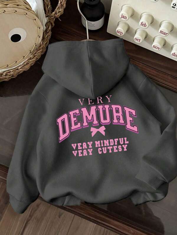 Tween Girl Graphic Print Thermal Lined Hoodie Sweatshirt, Warm & Comfortable For Autumn/Winter