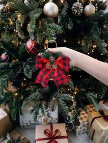 6 piezas Lazos de arpillera a cuadros de Navidad con piñas y agujas de pino, grandes lazos de decoración navideña a cuadros búfalo, lazo de corona de Navidad a cuadros búfalo para manualidades navideñas, decoración del hogar, fiesta, árbol, interior y exterior (rojo y negro)