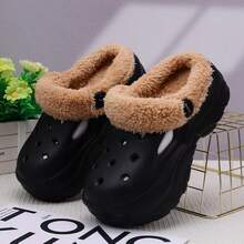 Thermal Lined Clogs For Women, Thick Sole Slip-On Shoes, Solid Color Outdoor Wear, 2025 New Thick Bottom Warm Cute Closed Toe Fluffy Slippers, Anti-Slip Nurse Shoes, Indoor/Outdoor Fashion Thermal Lined Clogs - Black - View 3