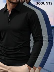 3 قمصان بولو رجالية، بأكمام طويلة، بأربعة أزرار، قابلة للتنفس، مناسبة للعمل والجولف والأنشطة اليومية، متعددة الاستخدامات للخارج والسفر والعطلات والتجمعات، ملابس خريفية