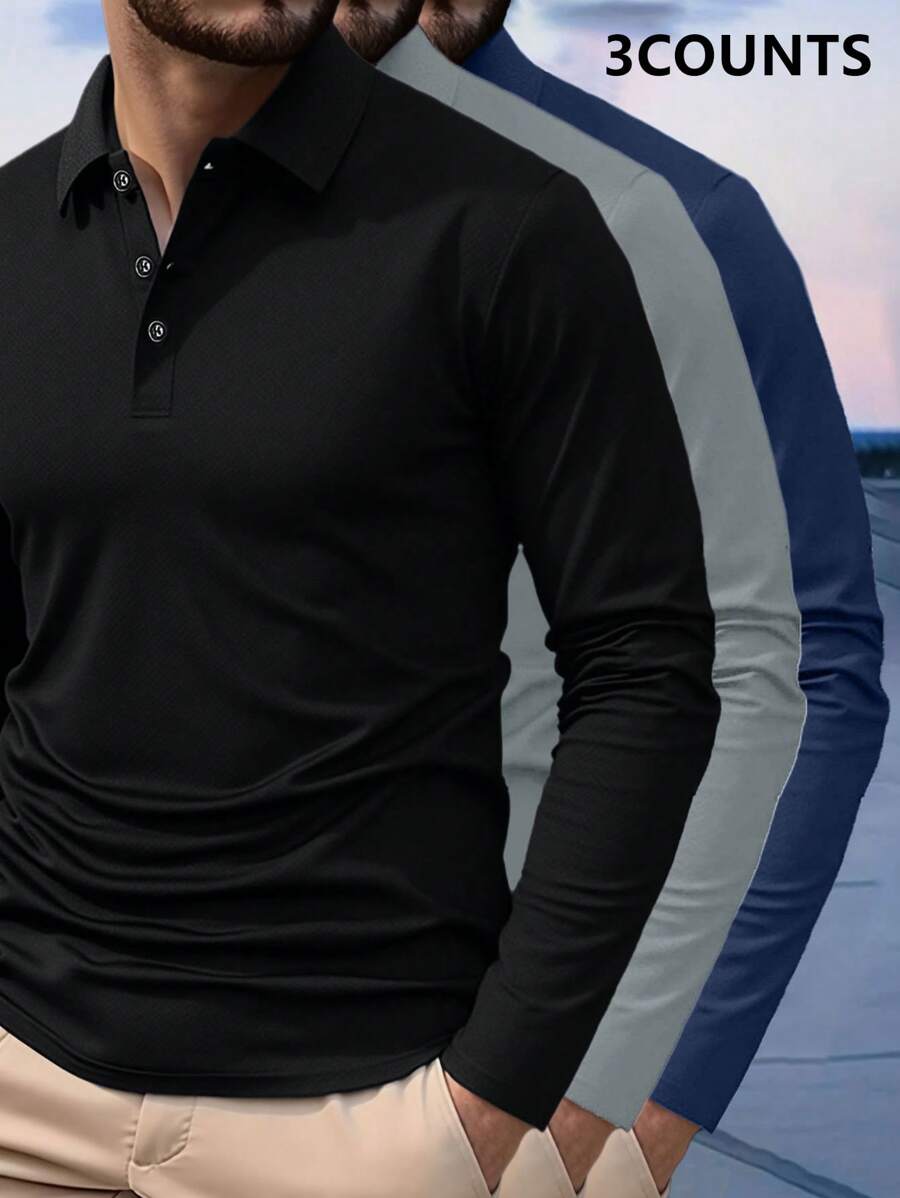 3 قمصان بولو رجالية، بأكمام طويلة، بأربعة أزرار، قابلة للتنفس، مناسبة للعمل والجولف والأنشطة اليومية، متعددة الاستخدامات للخارج والسفر والعطلات والتجمعات، ملابس خريفية