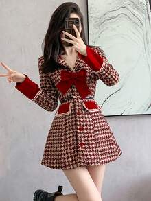 RUIWY 女士时尚优雅千鸟格蝴蝶结装饰红色连衣裙，收腰修身，适合节日、婚礼