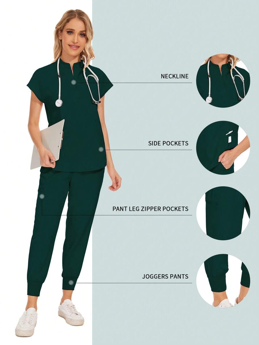Bộ đồ phẫu thuật thời trang bán sỉ, đồng phục bệnh viện nha khoa, màu trơn, áo choàng phẫu thuật, cổ chữ V có túi, bộ đồ y tế cho nữ, quần jogger, bộ đồ mùa xuân. - Màu xanh lá cây đậm - Xem 1