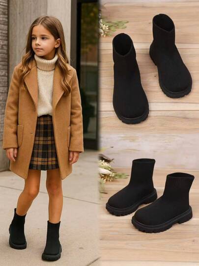 1 Pair Black Elastic Knit Toddler/Kids Leg Warmers, Round Toe Thick Sole Slip-On Design, Breathable Mid-Calf Boots, Suitable For 3-12 Years Old Girls, Casual Indoor/Outdoor Wear, Autumn/Winter New