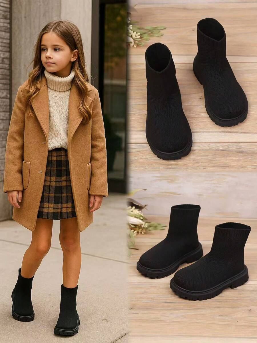 1 Pair Black Elastic Knit Toddler/Kids Leg Warmers, Round Toe Thick Sole Slip-On Design, Breathable Mid-Calf Boots, Suitable For 3-12 Years Old Girls, Casual Indoor/Outdoor Wear, Autumn/Winter New