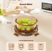 琥珀色圆形玻璃午餐盒，微波炉适用，带盖防漏便当盒，上班族餐盒