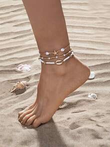 3 件/套女孩海星和贝壳串珠脚链，多层简约时尚脚链套装 - 彩色 - 查看 11