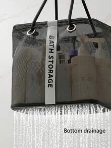 1 pieza Organizador de artículos de tocador portátil para viajes, cesta de malla de gran capacidad con drenaje, bolsa de ducha plegable para gimnasio, cesta de ducha para baño, adecuada para dormitorios de estudiantes, conveniente para viajes, diseño con drenaje en la parte inferior - Negro - Ver 4