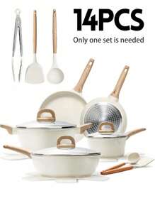 Juego de 14 piezas de utensilios de cocina, Juego de ollas y sartenes antiadherentes, Material de granito, Apto para cocina de inducción, Incluye sartén, olla cacerola, wok, olla cacerola extra grande, Libre de PFAS, PTFE, PFOA, PFOS