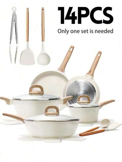 14-delars kokkärlsset, non-stick kastruller och stekpannor, granitmaterial, lämplig för induktionshäll, inkluderar stekpanna, gryta, wok, extra stor gryta, fri från PFAS, PTFE, PFOA, PFOS