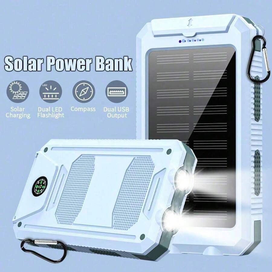 2025 Super 10000mAh USB Portable Charger Solar Power Bank For Mobile Phones, Solar Power Bank, Mobile Power Bank, Portable Charger For All Devices - Long-Lasting, Travel Camping, LED Flashlight, Compass, And Hiking Buckle, Best Gift For Christmas Holidays - Màu xanh nhạt - Xem 1