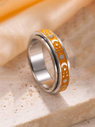 1pc Stress Relief Colorful Star & Moon Pattern Stainless Steel Rotating Ring, Suitable For Women & Men, Daily Wear, Valentine's Day Gift