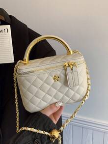 1pc Black Casual Versatile Handheld Small Square Bag, Fashionable Embroidered Checkered Fabric, Suitable For - Beige - View 3