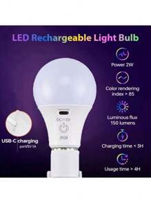 USB Rechargeable LED Bulb, Type-C Charging Port, Outdoor Charging Lamp, Portable LED Bulb, Night Market/Camping Lamp, Fishing Light, Multi-Function, Hanging Capable, Power Outage Emergency, Stepless Dimming, Large Battery Capacity, 3 Color Modes (RGB), Long-Lasting, High Brightness LED, Charging Protection, Uniform Lighting, Wide Illumination Range