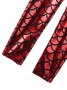 女孩美人鱼鳞片闪亮紧身打底裤，修身日常和派对穿着，彩虹色美人鱼亮片裤 - 紅色 - 查看 4