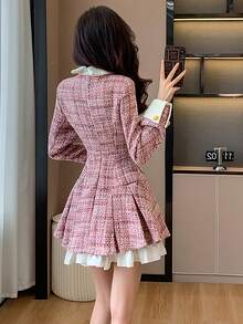 RUIWY 女士秋冬加厚二合一收腰迷人褶皱纽扣中长连衣裙，甜美时尚 - 粉色 - 查看 10