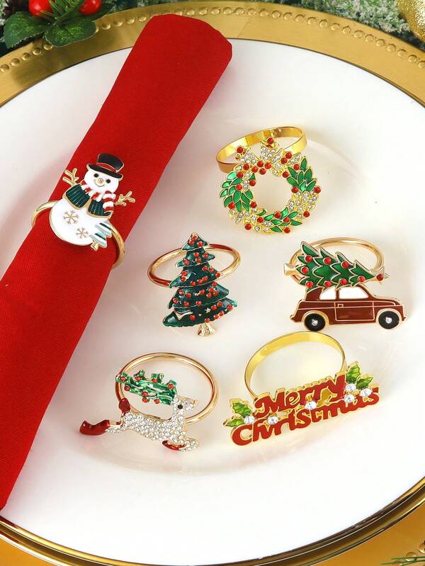 2-6 pezzi Set di anelli portatovaglioli natalizi, con decorazioni a forma di cervo, albero di Natale, pupazzo di neve, corona natalizia, auto con albero di Natale, accessori per la tavola natalizia, portatovaglioli per feste di Natale