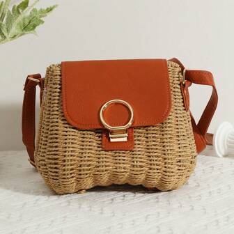 2025 Fashionable Colorblock Straw Small Square Crossbody Shoulder Bag, Handwoven Versatile Summer Vacation Bag
