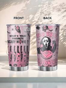1 Piece 20oz Skull Ghost Pattern Ice Cup, Stainless Steel Vacuum Tumbler, Keeps Drinks Hot Or Cold, Cup Holder Friendly, Halloween Gift For Family And Friends - Pink - View 12