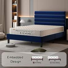 Bed Frame With Headboard, Velvet Upholstered Platform Bed Frame, Modern Bed Frame With Horizontal Channel Design, Strong Wooden Slats Support, No Box Spring Needed, Noise-Free, Easy Assembly, White/ Black/ Pink/ Blue/ Green, Twin/ Full/ Queen Size * Bed Frame Queen Queen Bed Frame Bed Frame Full Full Size Bed Frame King Size Bed Frame Twin Bed Frame Room Decor Home Decor Christmas Decor Bedroom Decor Valentine Day Decor Storage Living Room Decor Furniture House Decor - 藍色 - 查看 3