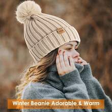 REDESS Womens Winter Knitted Beanie Hat Warm Fleece Lined With Pompom Cap Thick Slouchy Snow Knit Skull Ski Cap - 燕麥 - 查看 6