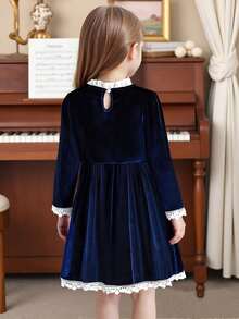 Elegant Girls' Dress With Ruffled Collar, Bowknot Decor, Long Sleeve, Suitable For Party, Casual Wear, Princess Style, Spring & Autumn - 寶藍色 - 查看 2