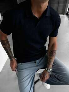 Men's Ribbed Knitted Polo Shirt With Short Sleeves, Summer - Black - View 2