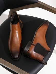 VOSTEY SHOESMORE Men's Leather Chelsea Boots Polished Leather Dress Brown Boots Stylish Classic Retro Slip On Boots For Men - AMY8156A-棕色 - 查看 2