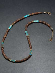 Bohemian Men Necklace Natural Coconut Bead Collar Emperador Stone Short Beach Accessories Gift For Him Wood Jewelry - Mint Green - View 5