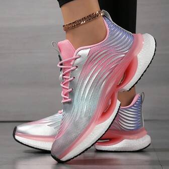 1 Pair Women's Casual Sports Shoes With Contrast Color Laces, Lightweight & Comfortable, Suitable For Outdoor Activities All Seasons, Thick Sole With Good Rebound,